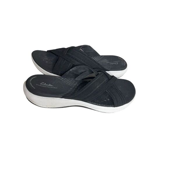 CLARKS Sandals Mira Isle Slide Black White Cloudsteppers Textile Upper Size 10 - Picture 1 of 9